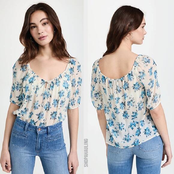 PAIGE -  Franciska Blue Ivory Floral Silk Blouse - Size Small - Picture 1 of 7